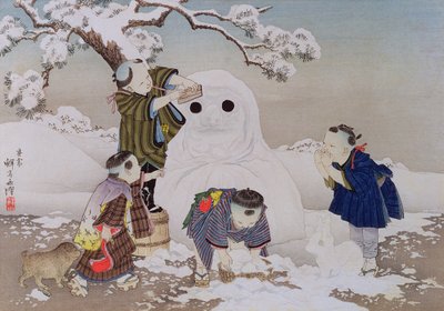1888年儿童游戏系列中的雪人（彩色木刻） 作者 小林英策
